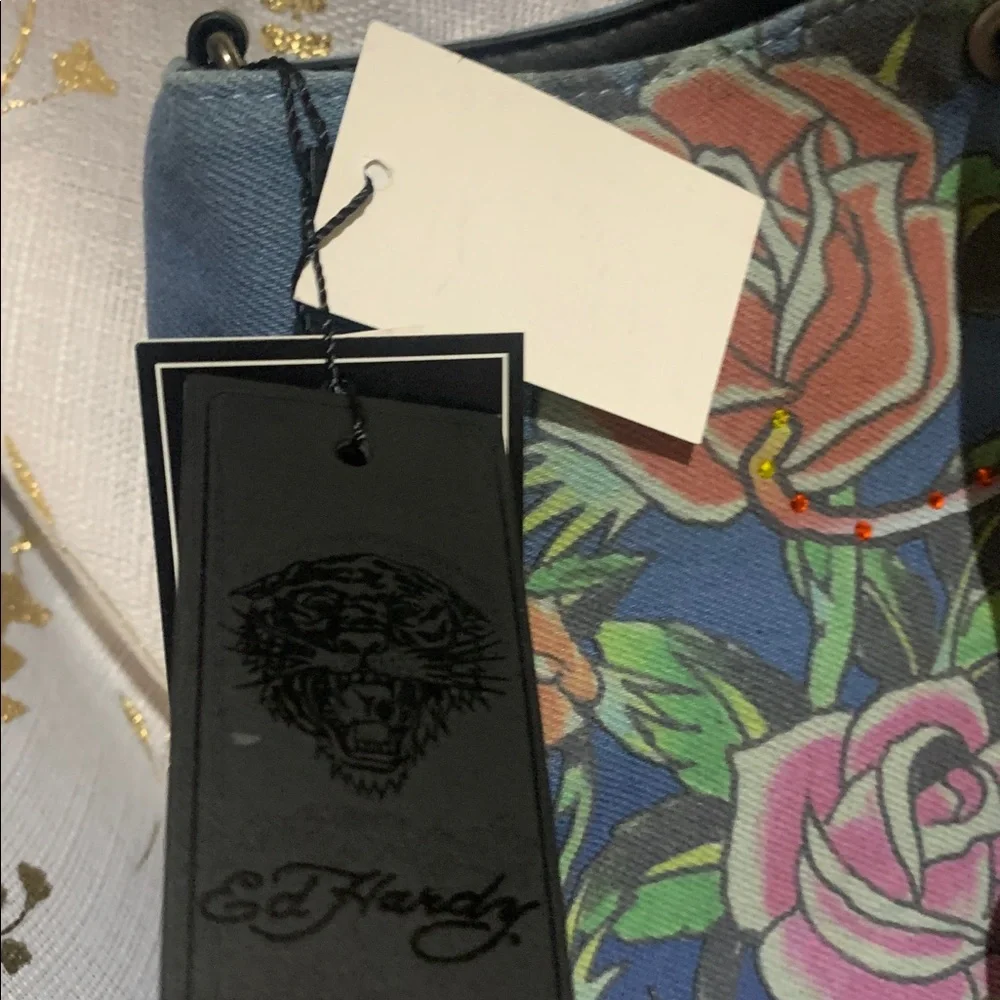 Ed Hardy Blue Floral Tattoo-Print Shoulder Bag